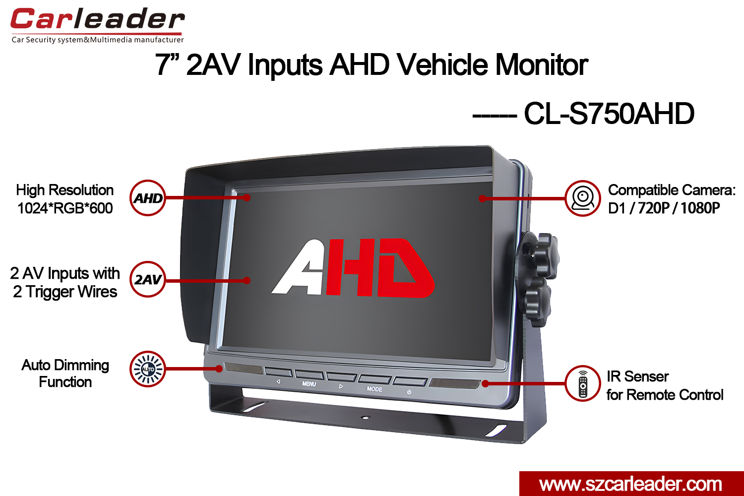 7-calowy monitor samochodowy TFT LCD AHD